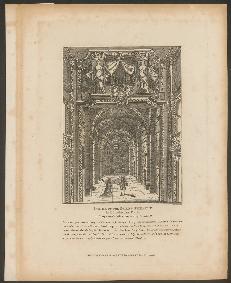 London, Lincoln's Inn Fields Theatre, Alternativtitel: London, Duke`s Theatre, Alternativtitel: London, Theatre Royal, Portugal Street, Titel in Vorlageform: Inside of the Dukes Theatre in Lincoln's Inn Fields, as it appeared in the reign of King Charles II., Titel der Serie: Londina Illustrata