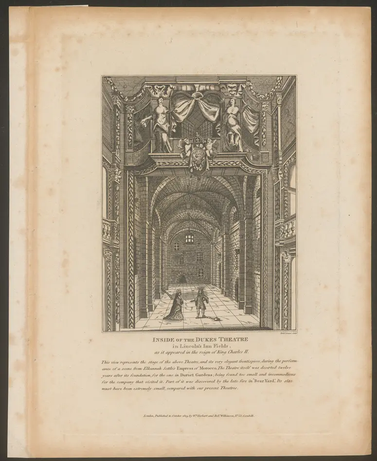 London, Lincoln's Inn Fields Theatre, Alternativtitel: London, Duke`s Theatre, Alternativtitel: London, Theatre Royal, Portugal Street, Titel in Vorlageform: Inside of the Dukes Theatre in Lincoln's Inn Fields, as it appeared in the reign of King Charles II., Titel der Serie: Londina Illustrata