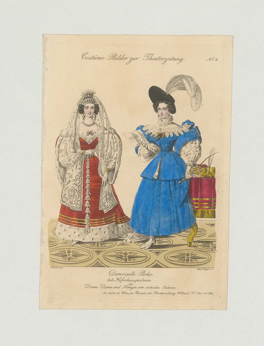 Therese Peche, Titel der Serie: Costume-Bild, Name der Zeitschrift: Wiener Theaterzeitung, Verweis auf Stücktitel: Donna Diana, oder Stolz und Liebe, Verweis auf Stücktitel: Die Königin von sechzehn Jahren