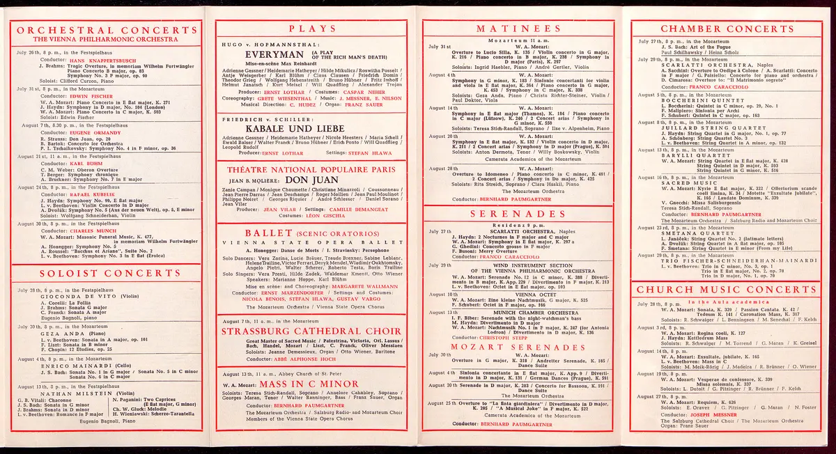 Salzburger Festspiele 1955, Titel in Vorlageform: Salzburg Festival 1955, Verweis auf Stücktitel: Irische Legende, Verweis auf Stücktitel: Zauberflöte, Verweis auf Stücktitel: Entführung aus dem Serail, Verweis auf Stücktitel: Palestrina, Verweis auf Stücktitel: Ariadne auf Naxos, Verweis auf Stücktitel: Jedermann, Verweis auf Stücktitel: Kabale und Liebe