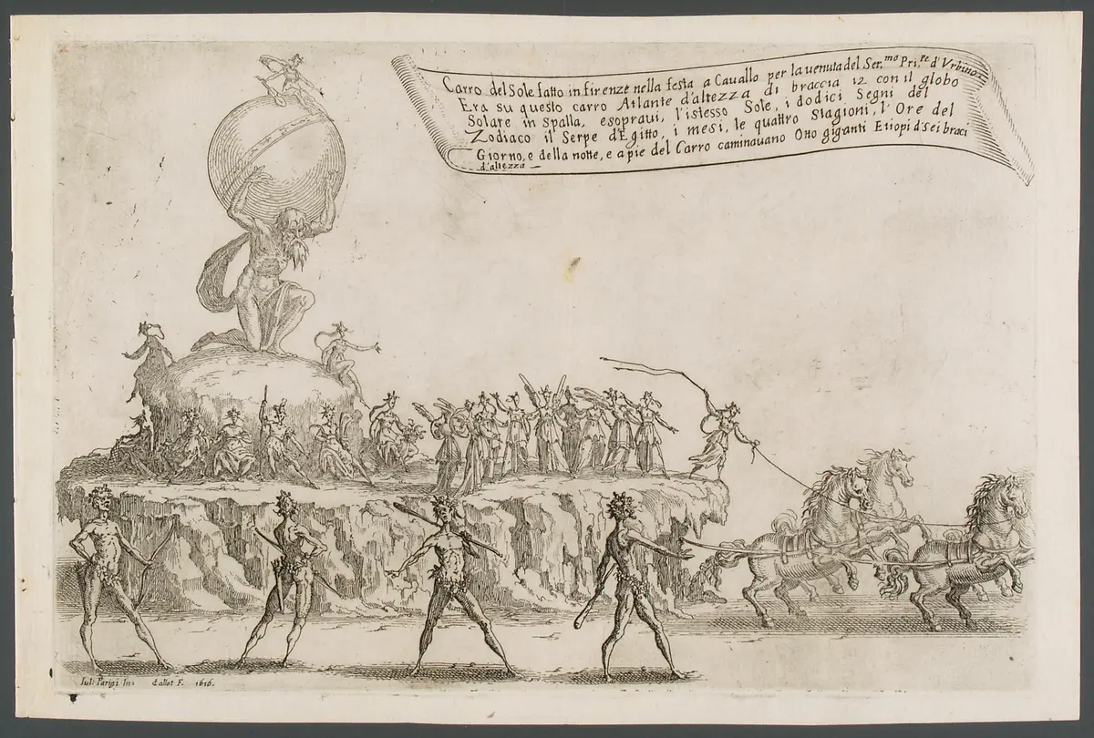 Guerra di bellezza, Titel in Vorlageform: Guerra di bellezza. Festa a cavallo fatta in Firenze per la venuta del Serenissimo Principe d'Urbino. L'Ottobre del 1616.