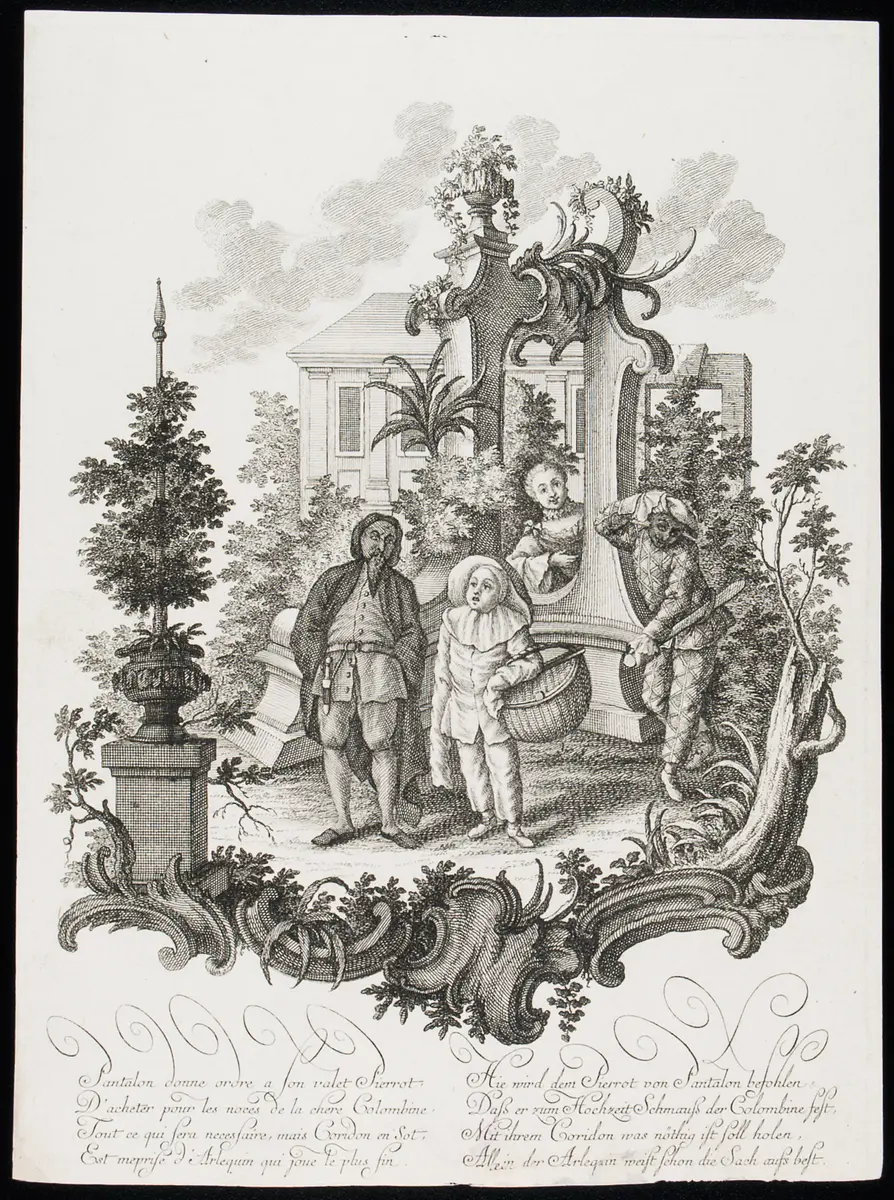 Commedia dell'arte, Titel in Vorlageform: Pantalon donne ordre a son valet Pierrot, D'acheter pour les noces de la chere Colombine, [...], Titel in Vorlageform: Hie wird dem Pierrot von Pantalon befohlen, daß er zum Hochzeit Schmauß der Colombine fest, [...]