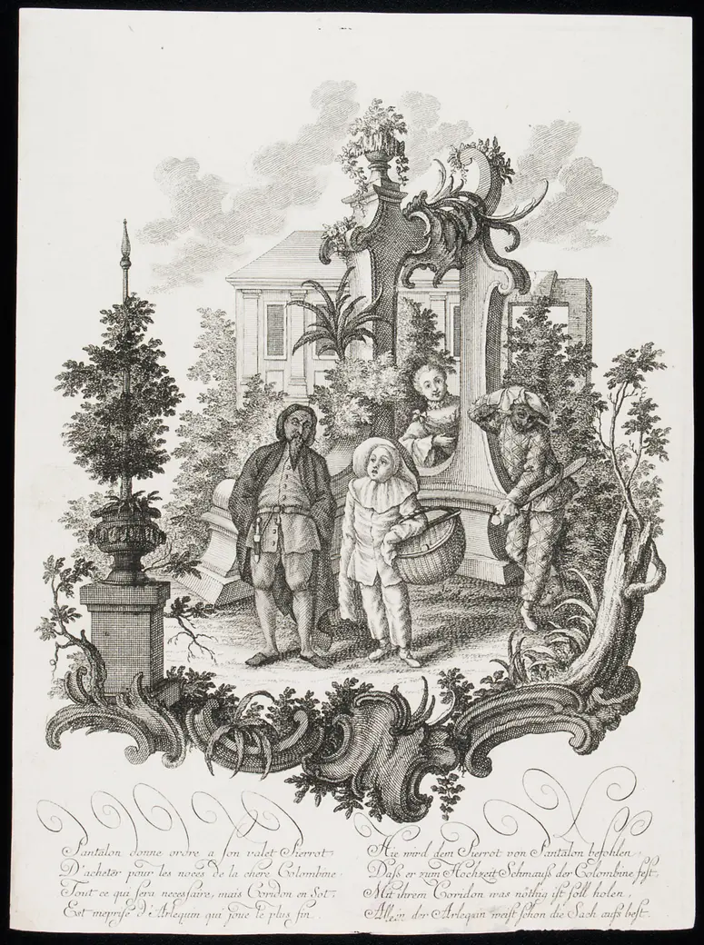 Commedia dell'arte, Titel in Vorlageform: Pantalon donne ordre a son valet Pierrot, D'acheter pour les noces de la chere Colombine, [...], Titel in Vorlageform: Hie wird dem Pierrot von Pantalon befohlen, daß er zum Hochzeit Schmauß der Colombine fest, [...]