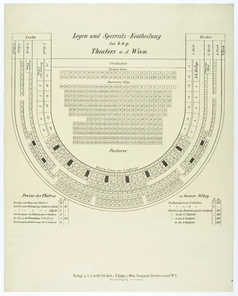 Wien, Theater an der Wien, Titel in Vorlageform: Logen und Sperrsitz-Eintheilung des k.k.p. Theaters a. d. Wien