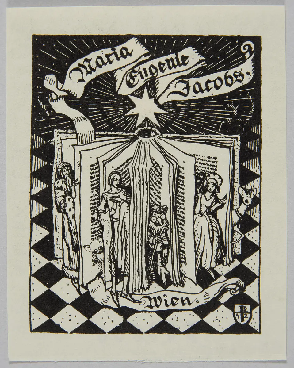 Exlibris Maria Eugenie Jacobs, Titel in Vorlageform: Maria Eugenie Jacobs. Wien.