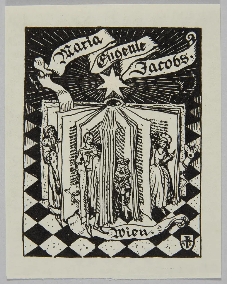 Exlibris Maria Eugenie Jacobs, Titel in Vorlageform: Maria Eugenie Jacobs. Wien.