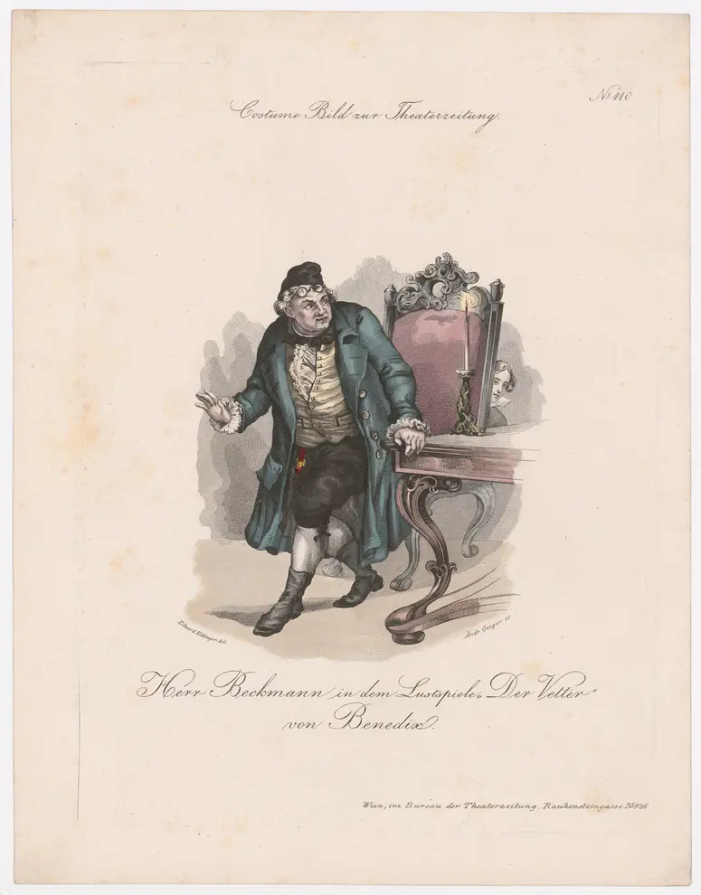 Friedrich Beckmann, Titel der Serie: Costume-Bild, Name der Zeitschrift: Wiener Theaterzeitung, Verweis auf Stücktitel: Der Vetter