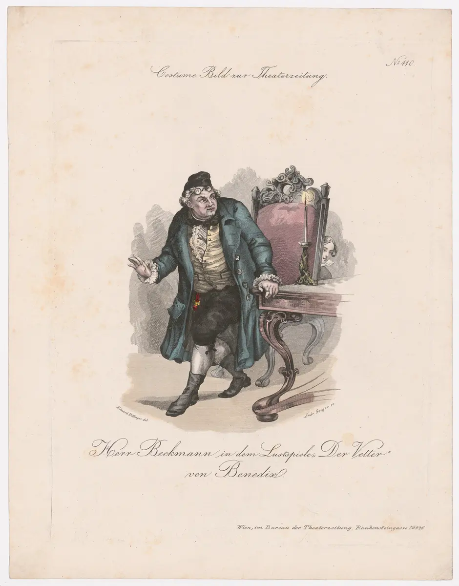 Friedrich Beckmann, Titel der Serie: Costume-Bild, Name der Zeitschrift: Wiener Theaterzeitung, Verweis auf Stücktitel: Der Vetter
