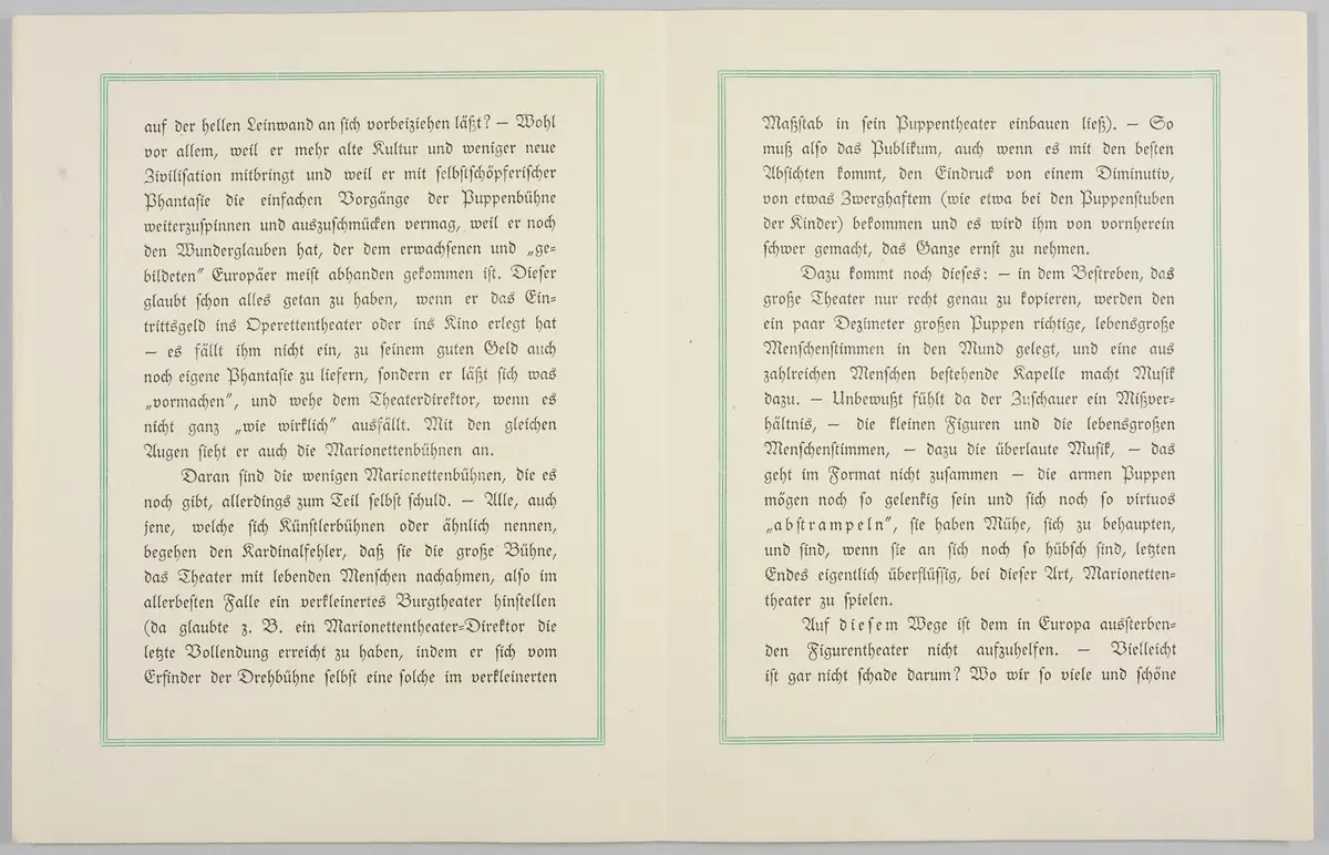 Richard Teschners Figurentheater, Titel in Vorlageform: Einladung zu einer von Richard Teschner veranstalteten Theater-Vorstellung seiner Figurenbühne, Titel der Ausstellung: Ausstellung österreichischer Kunstgewerbe verbunden mit einer Sonderausstellung Richard Teschner, Verweis auf Stücktitel: Kosumos Opfertod, Verweis auf Stücktitel: Prinzessin und Wassermann, Verweis auf Stücktitel: Nawang Wulan, Verweis auf Stücktitel: Nachtstück, Verweis auf Stücktitel: Die Tänzerin / Die grüne Tänzerin