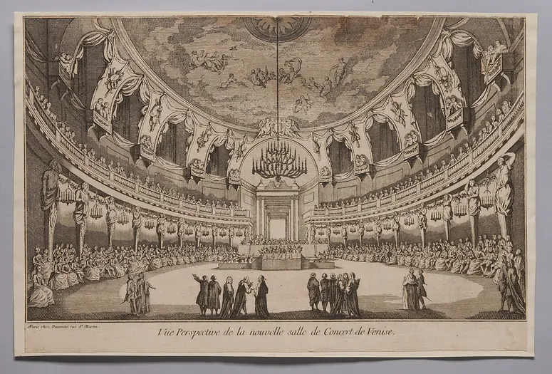 Venedig, Konzertsaal, Titel in Vorlageform: Vue Perspective de la nouvelle salle de Concert de Venise