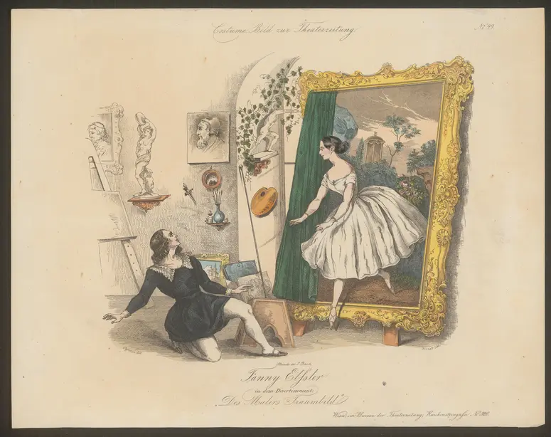 Des Malers Traumbild, Titel in Vorlageform: Fanny Elssler in dem Divertissement: Des Malers Traumbild, Titel der Serie: Costume-Bild, Name der Zeitschrift: Wiener Theaterzeitung
