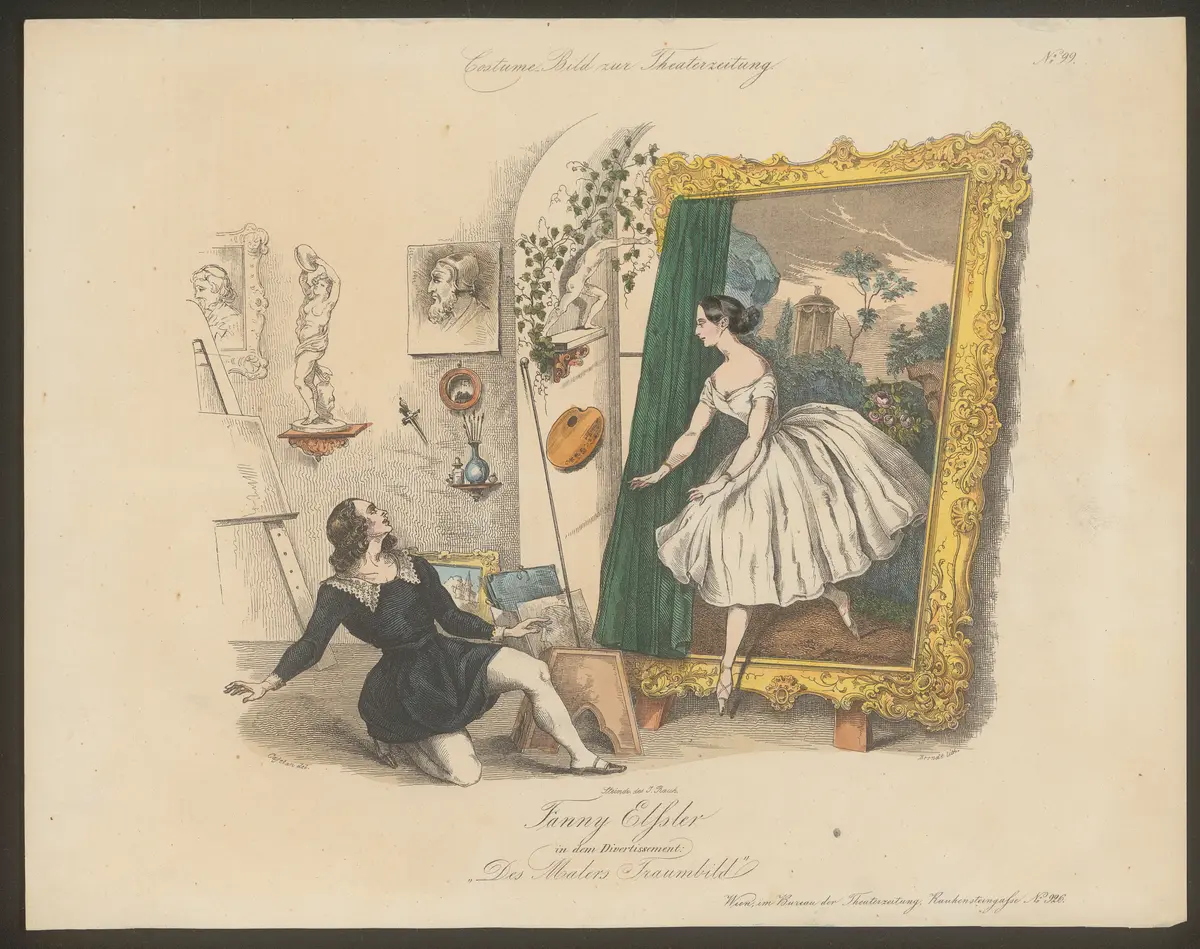 Des Malers Traumbild, Titel in Vorlageform: Fanny Elssler in dem Divertissement: Des Malers Traumbild, Titel der Serie: Costume-Bild, Name der Zeitschrift: Wiener Theaterzeitung