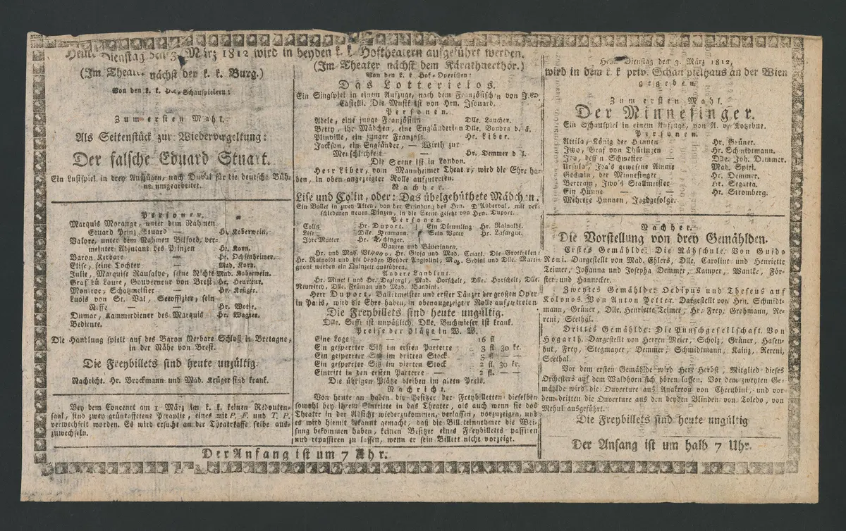 Der falsche Eduard Stuart, Das Lotterielos, Lise und Colin oder Das übelgehüthete Mädchen, Der Minnesinger, Die Vorstellung drey Gemählden: Die Nähschule, Oedipus und Theseus auf Kolonos, Die Punschgesellschaft