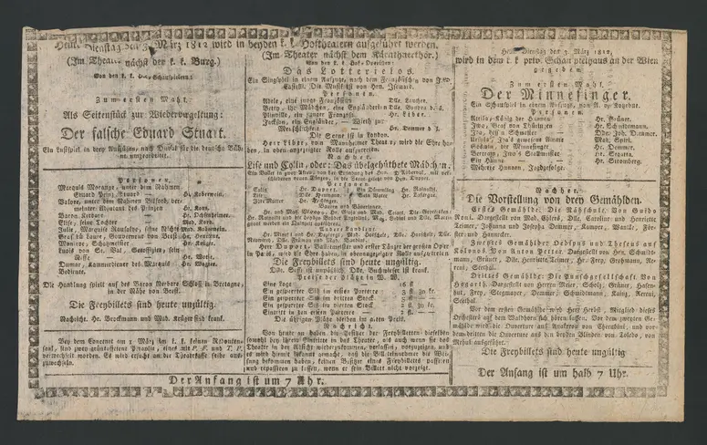 Der falsche Eduard Stuart, Das Lotterielos, Lise und Colin oder Das übelgehüthete Mädchen, Der Minnesinger, Die Vorstellung drey Gemählden: Die Nähschule, Oedipus und Theseus auf Kolonos, Die Punschgesellschaft