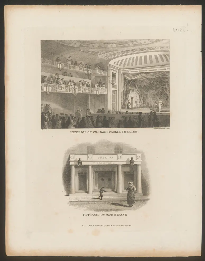 London, Sans Pareil Theatre, Alternativtitel: London, Adelphi Theatre, Titel in Vorlageform: Interior of the Sans Pareil Theatre. / Entrance in the Strand., Titel der Serie: Londina Illustrata