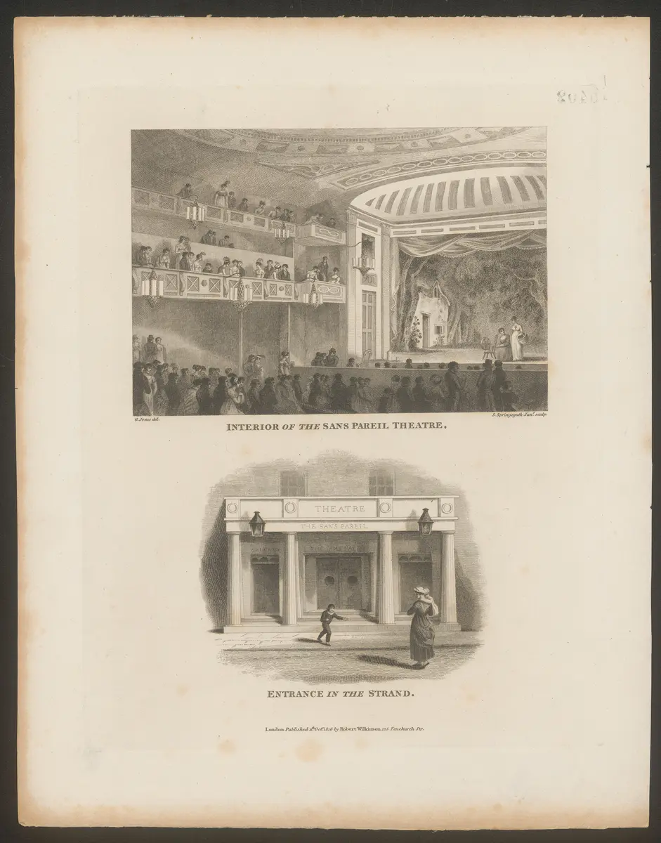 London, Sans Pareil Theatre, Alternativtitel: London, Adelphi Theatre, Titel in Vorlageform: Interior of the Sans Pareil Theatre. / Entrance in the Strand., Titel der Serie: Londina Illustrata