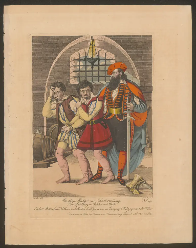 Gaugraf Philipp genannt Der Wilde, Titel in Vorlageform: Hr. Spielberger Röder und Werle als Jobst Gottschalk Volkner und Junger Schlippenbach in Gaugraf Philipp genannt der Wilde, Titel der Serie: Costume-Bild, Name der Zeitschrift: Wiener Theaterzeitung