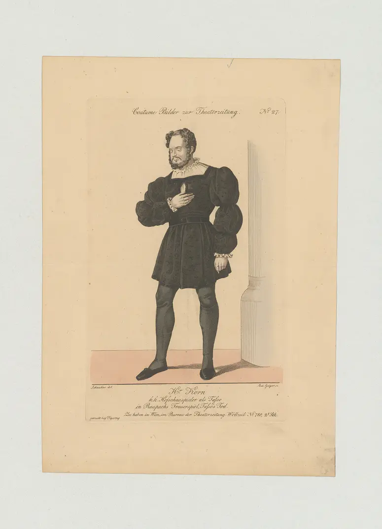 Maximilian Korn, Titel der Serie: Costume-Bild, Name der Zeitschrift: Wiener Theaterzeitung, Verweis auf Stücktitel: Tassos Tod