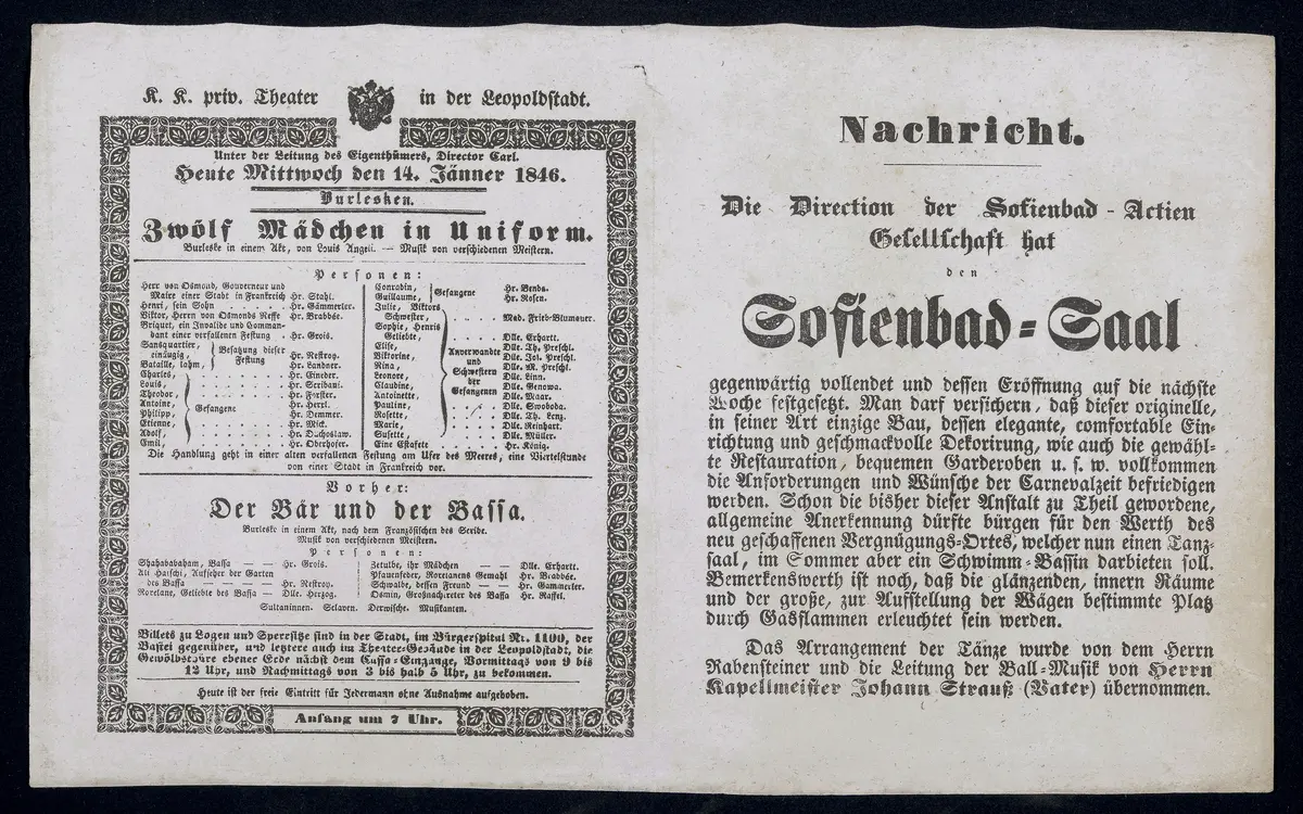 Zwölf Mädchen in Uniform, Der Bär und der Bassa, Nachricht. / Die Direction der Sofienbad-Actien Gsellschaft hat den Sofienbad-Saal gegenwärtig vollendet und dessen Eröffnung auf die nächste Woche festgesetzt. [...]