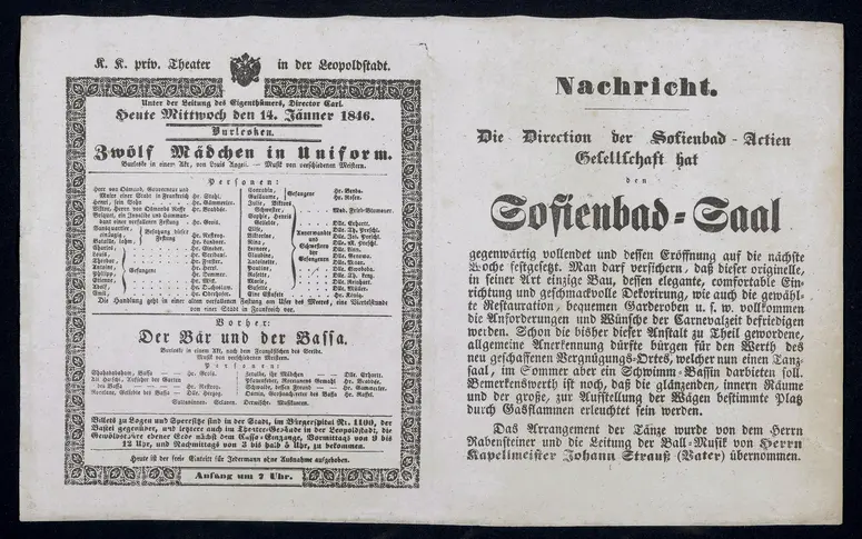 Zwölf Mädchen in Uniform, Der Bär und der Bassa, Nachricht. / Die Direction der Sofienbad-Actien Gsellschaft hat den Sofienbad-Saal gegenwärtig vollendet und dessen Eröffnung auf die nächste Woche festgesetzt. [...]