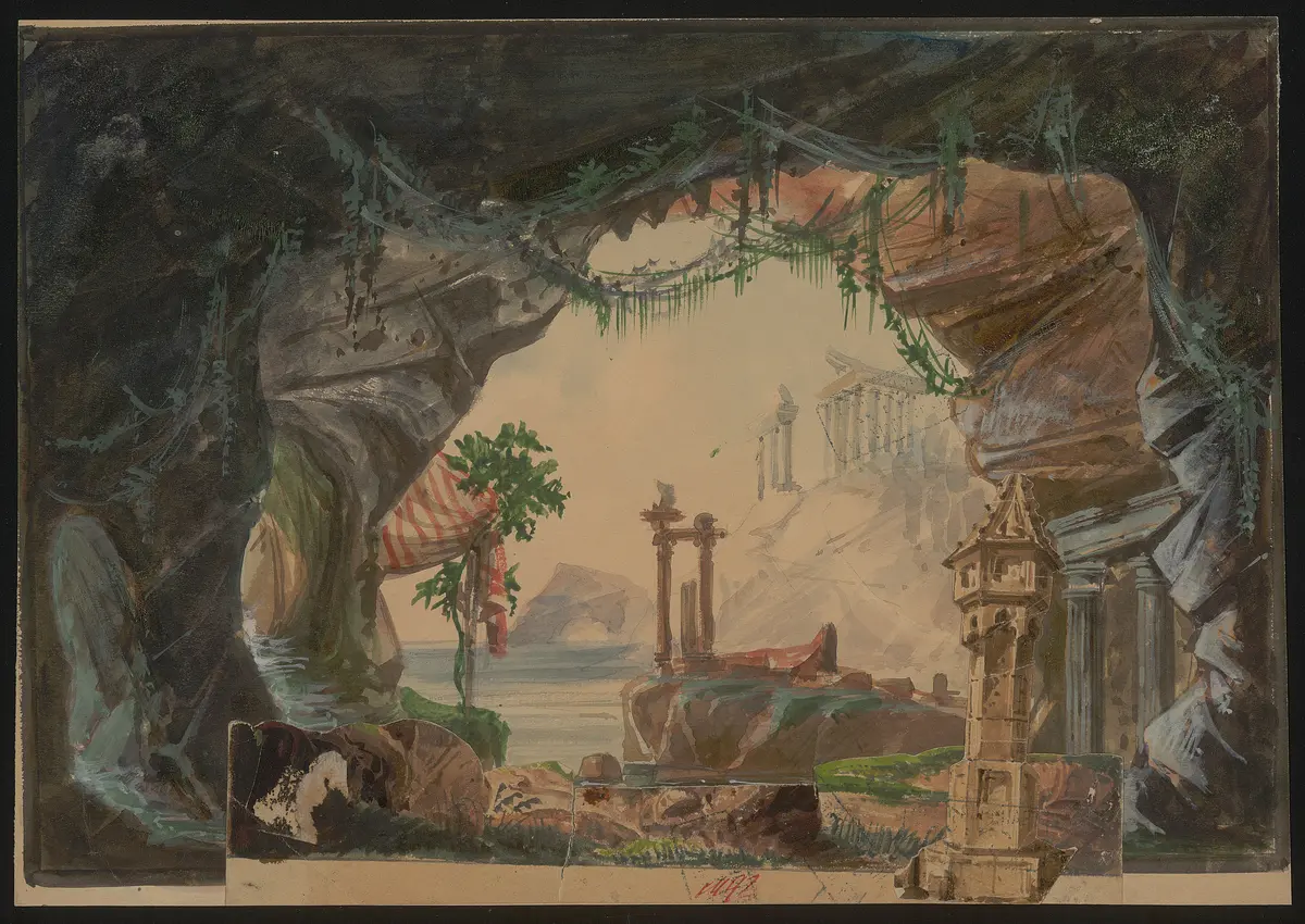 Ausblick aus Höhle auf klassische Ruinen