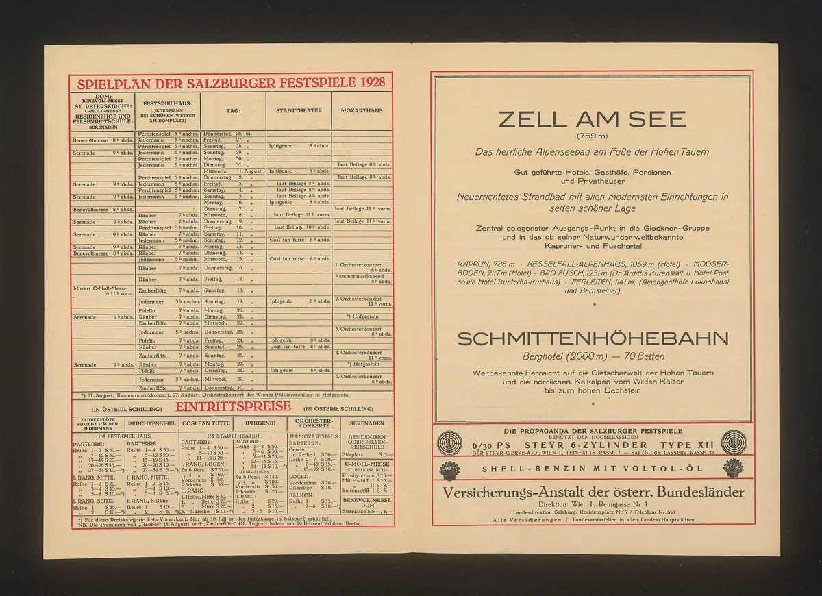 Salzburger Festspiele 1928, Verweis auf Stücktitel: Fidelio, Verweis auf Stücktitel: Die Zauberflöte, Verweis auf Stücktitel: Cosi fan tutte, Verweis auf Stücktitel: Die Räuber, Verweis auf Stücktitel: Iphigenie auf Tauris, Verweis auf Stücktitel: Jedermann, Verweis auf Stücktitel: Das Perchtenspiel