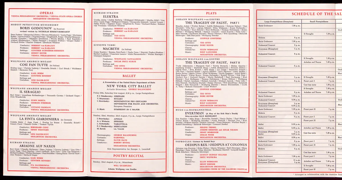 Salzburger Festspiele 1965, Titel in Vorlageform: Salzburg Festival 1965, Verweis auf Stücktitel: Boris Godunow, Verweis auf Stücktitel: Cosi fan tutte, Verweis auf Stücktitel: Die Entführung aus dem Serail, Verweis auf Stücktitel: Die Gärtnerin aus Liebe, Verweis auf Stücktitel: Ariadne auf Naxos, Verweis auf Stücktitel: Elektra, Verweis auf Stücktitel: Macbeth, Verweis auf Stücktitel: Jedermann, Verweis auf Stücktitel: Faust, Verweis auf Stücktitel: König Ödipus / Ödipus auf Kolonos