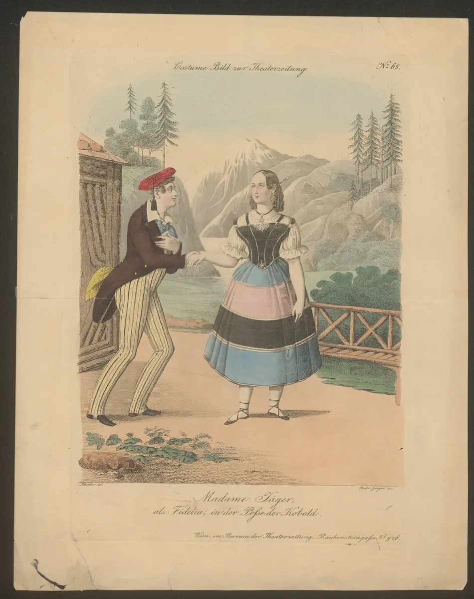 Der Kobold, Alternativtitel: Der Kobold oder Staberl im Feendienst, Titel in Vorlageform: Madame Jäger als Fidelia in der Posse der Kobold, Titel der Serie: Costume-Bild, Name der Zeitschrift: Wiener Theaterzeitung