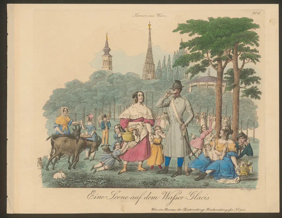 Eine Scene auf dem Walser Glacis., Titel der Serie: Wiener Scene, Name der Zeitschrift: Wiener Theaterzeitung