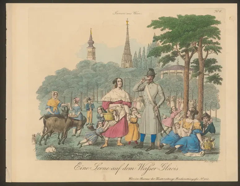 Eine Scene auf dem Walser Glacis., Titel der Serie: Wiener Scene, Name der Zeitschrift: Wiener Theaterzeitung