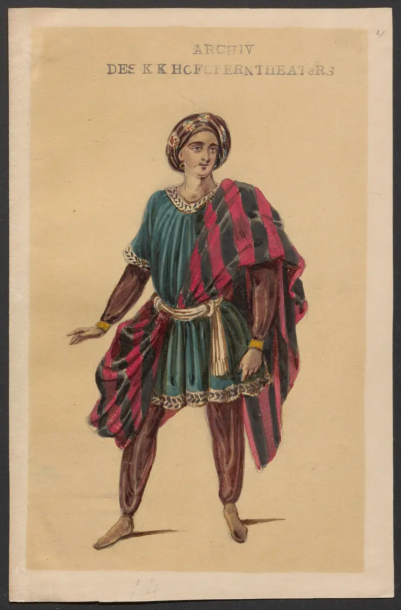 Brahma und die Bajadere, Alternativtitel: Brama und die Bajadere, Alternativtitel: Die liebende Bayadere, Alternativtitel: Der Gott und die Bayadere, Originaltitel: Le Dieu et la Bayadère, ou la Courtisane amoureuse, Titel der Serie: Figurinen des k.k. Hofoperntheaters