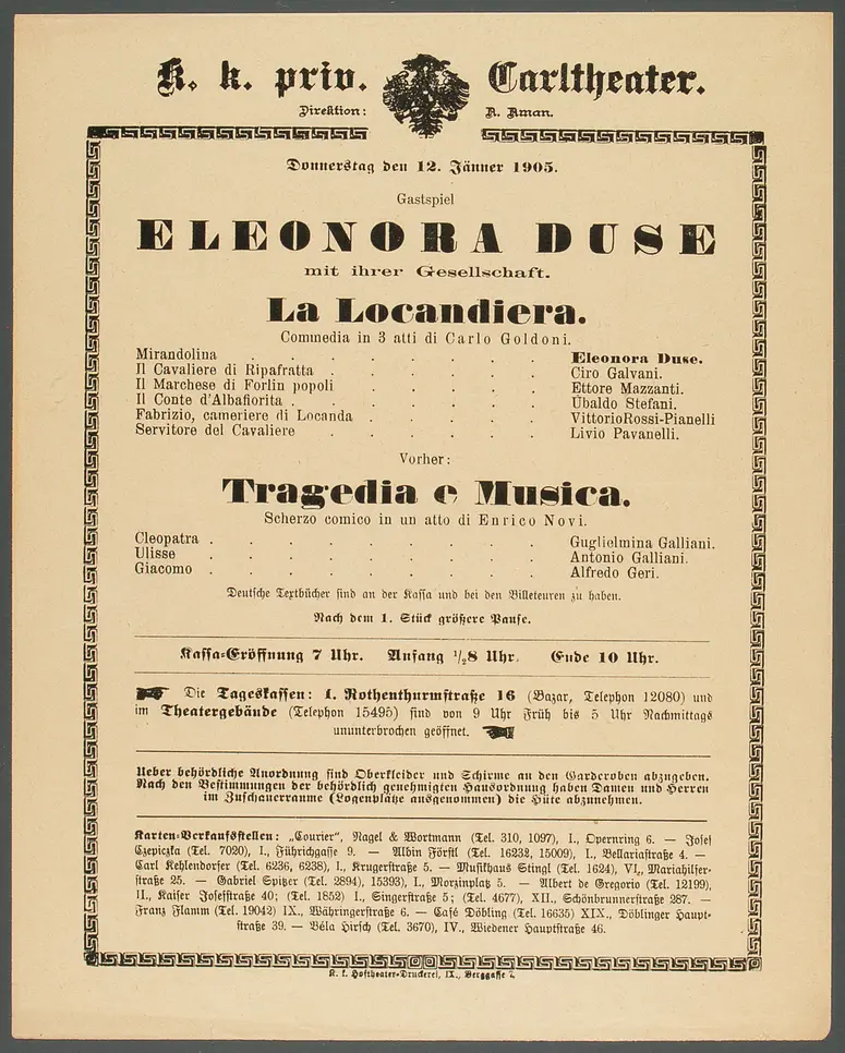 Die Wirtin, Titel in Vorlageform: La Locandiera, Tragedia e Musica