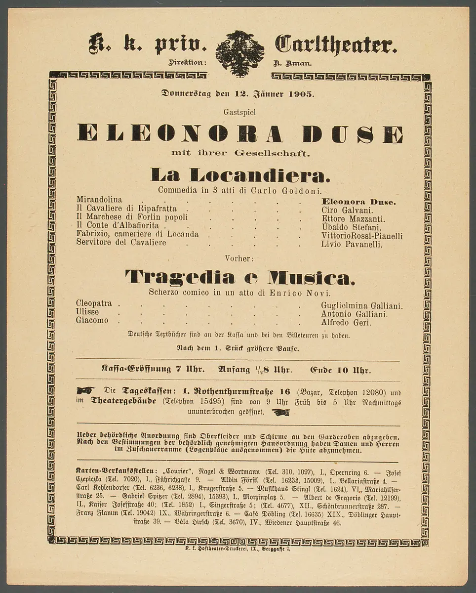 Die Wirtin, Titel in Vorlageform: La Locandiera, Tragedia e Musica