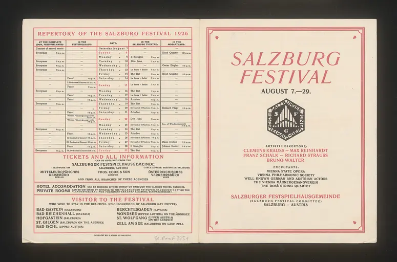Salzburger Festspiele 1926, Titel in Vorlageform: Salzburg Festival 1926, Verweis auf Stücktitel: Ariadne aus Naxos, Verweis auf Stücktitel: Don Juan, Verweis auf Stücktitel: Die Entführung aus dem Serail, Verweis auf Stücktitel: Die Fledermaus, Verweis auf Stücktitel: La serva padrona, Verweis auf Stücktitel: Turandot, Verweis auf Stücktitel: Jedermann, Verweis auf Stücktitel: Der Diener zweier Herren