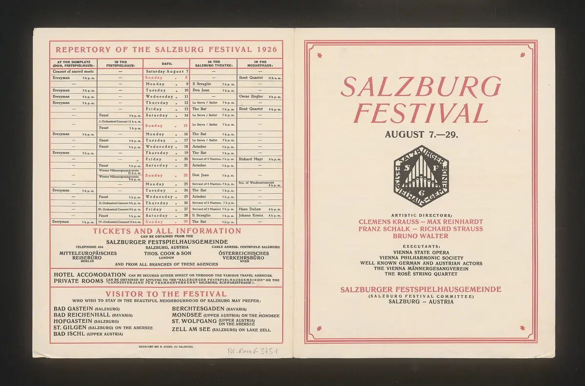 Salzburger Festspiele 1926, Titel in Vorlageform: Salzburg Festival 1926, Verweis auf Stücktitel: Ariadne aus Naxos, Verweis auf Stücktitel: Don Juan, Verweis auf Stücktitel: Die Entführung aus dem Serail, Verweis auf Stücktitel: Die Fledermaus, Verweis auf Stücktitel: La serva padrona, Verweis auf Stücktitel: Turandot, Verweis auf Stücktitel: Jedermann, Verweis auf Stücktitel: Der Diener zweier Herren