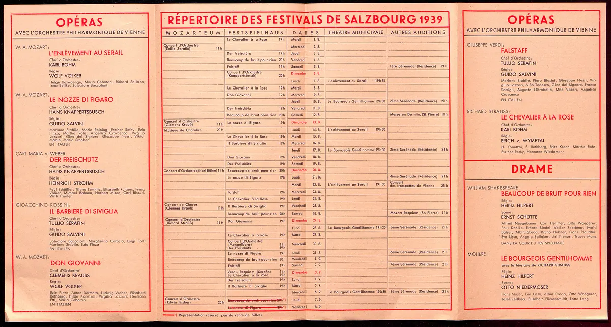 Salzburger Festspiele 1939, Titel in Vorlageform: Festivals de Salzbourg, Verweis auf Stücktitel: Die Entführung aus dem Serail, Verweis auf Stücktitel: Le nozze di figaro, Verweis auf Stücktitel: Der Freischütz, Verweis auf Stücktitel: Il Barbiere di Siviglia, Verweis auf Stücktitel: Don Giovanni, Verweis auf Stücktitel: Falstaff, Verweis auf Stücktitel: Der Rosenkavalier, Verweis auf Stücktitel: Viel Lärm um nichts, Verweis auf Stücktitel: Der Bürger als Edelmann