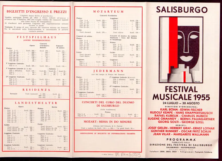 Salzburger Festspiele 1955, Titel in Vorlageform: Salzburgo Festival musicale 1955, Verweis auf Stücktitel: Irische Legende, Verweis auf Stücktitel: Zauberflöte, Verweis auf Stücktitel: Entführung aus dem Serail, Verweis auf Stücktitel: Palestrina, Verweis auf Stücktitel: Ariadne auf Naxos, Verweis auf Stücktitel: Jedermann, Verweis auf Stücktitel: Kabale und Liebe