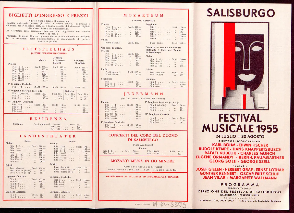 Salzburger Festspiele 1955, Titel in Vorlageform: Salzburgo Festival musicale 1955, Verweis auf Stücktitel: Irische Legende, Verweis auf Stücktitel: Zauberflöte, Verweis auf Stücktitel: Entführung aus dem Serail, Verweis auf Stücktitel: Palestrina, Verweis auf Stücktitel: Ariadne auf Naxos, Verweis auf Stücktitel: Jedermann, Verweis auf Stücktitel: Kabale und Liebe