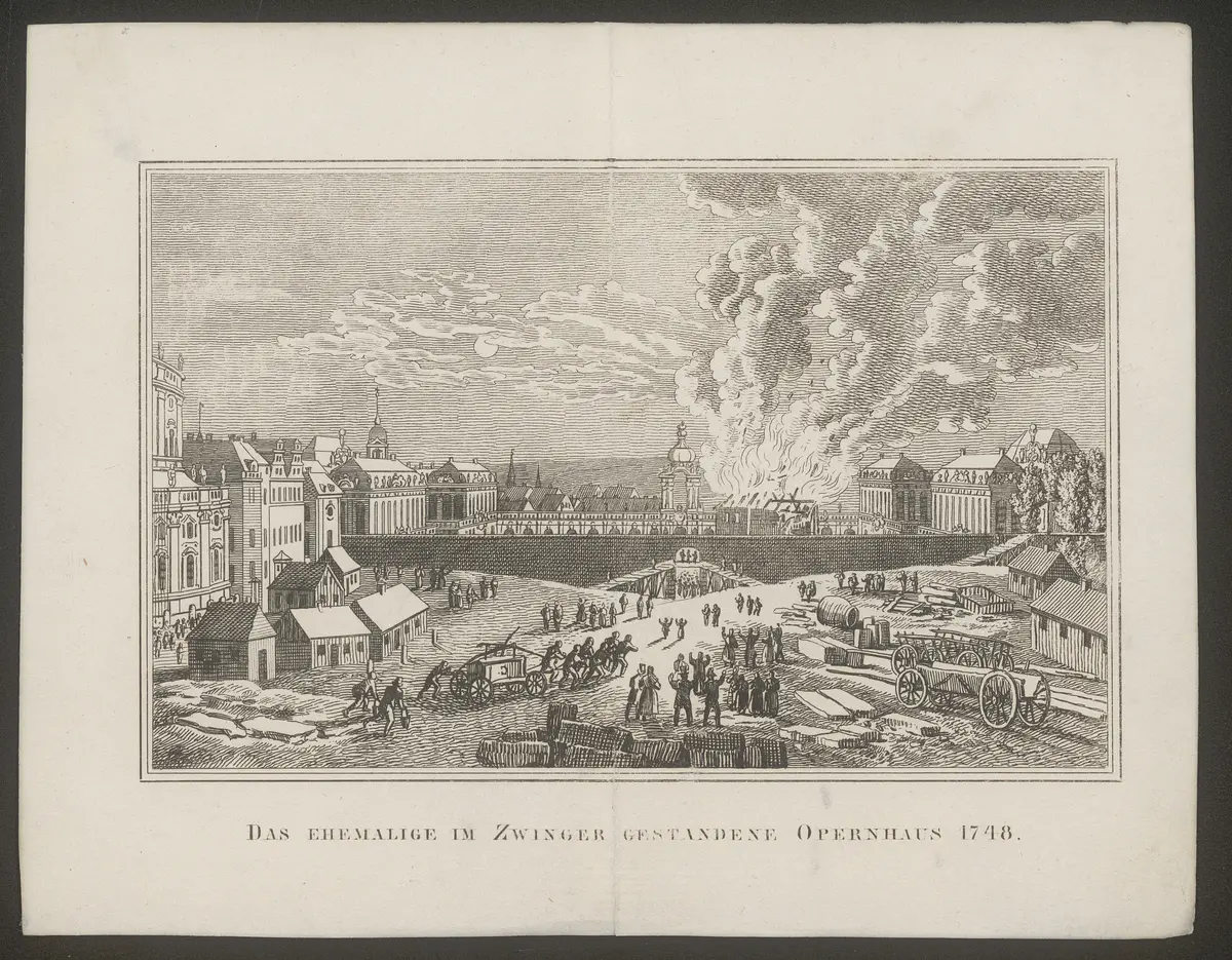 Dresden, Opernhaus am Zwinger, Titel in Vorlageform: Das ehemalige im Zwinger gestandene Opernhaus 1748.