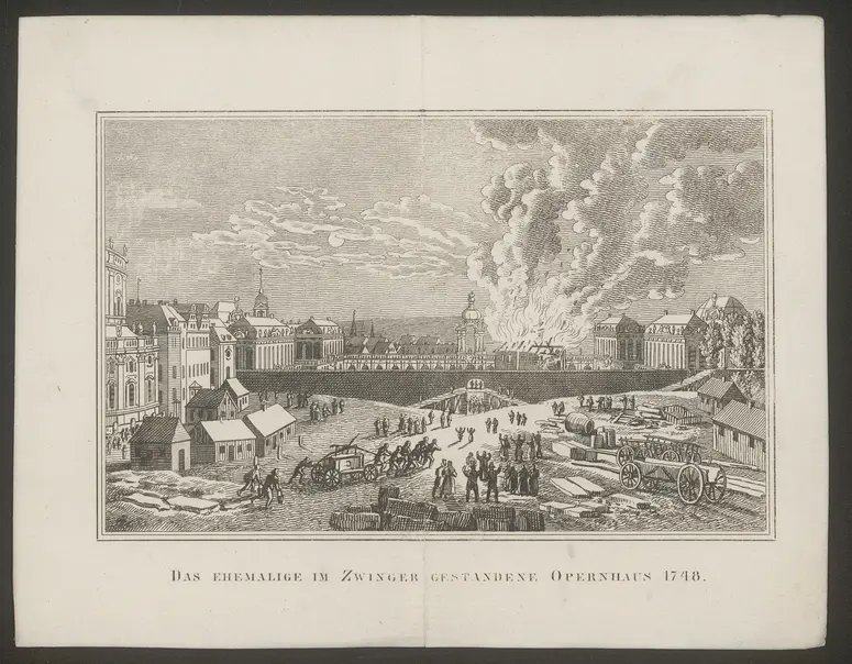Dresden, Opernhaus am Zwinger, Titel in Vorlageform: Das ehemalige im Zwinger gestandene Opernhaus 1748.