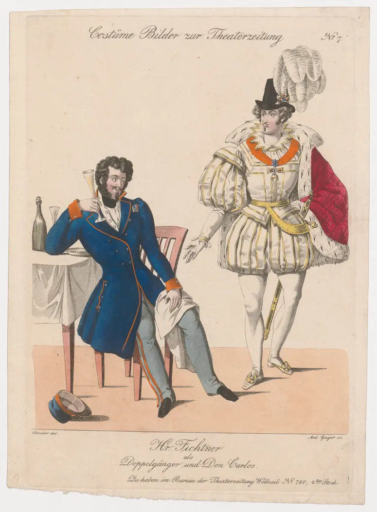 Karl Fichtner, Titel der Serie: Costume-Bild, Name der Zeitschrift: Wiener Theaterzeitung, Verweis auf Stücktitel: Der Doppelgänger, Verweis auf Stücktitel: Don Carlos