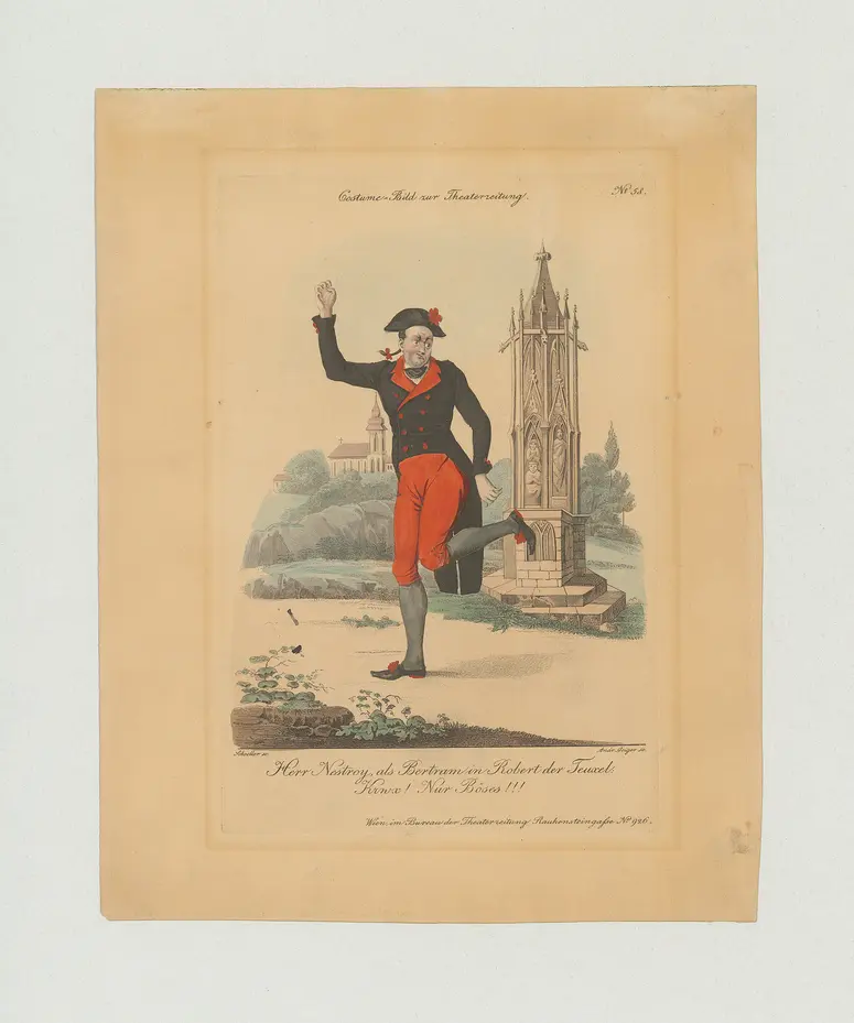 Johann Nestroy, Titel der Serie: Costume-Bild, Name der Zeitschrift: Wiener Theaterzeitung, Verweis auf Stücktitel: Robert der Teuxel