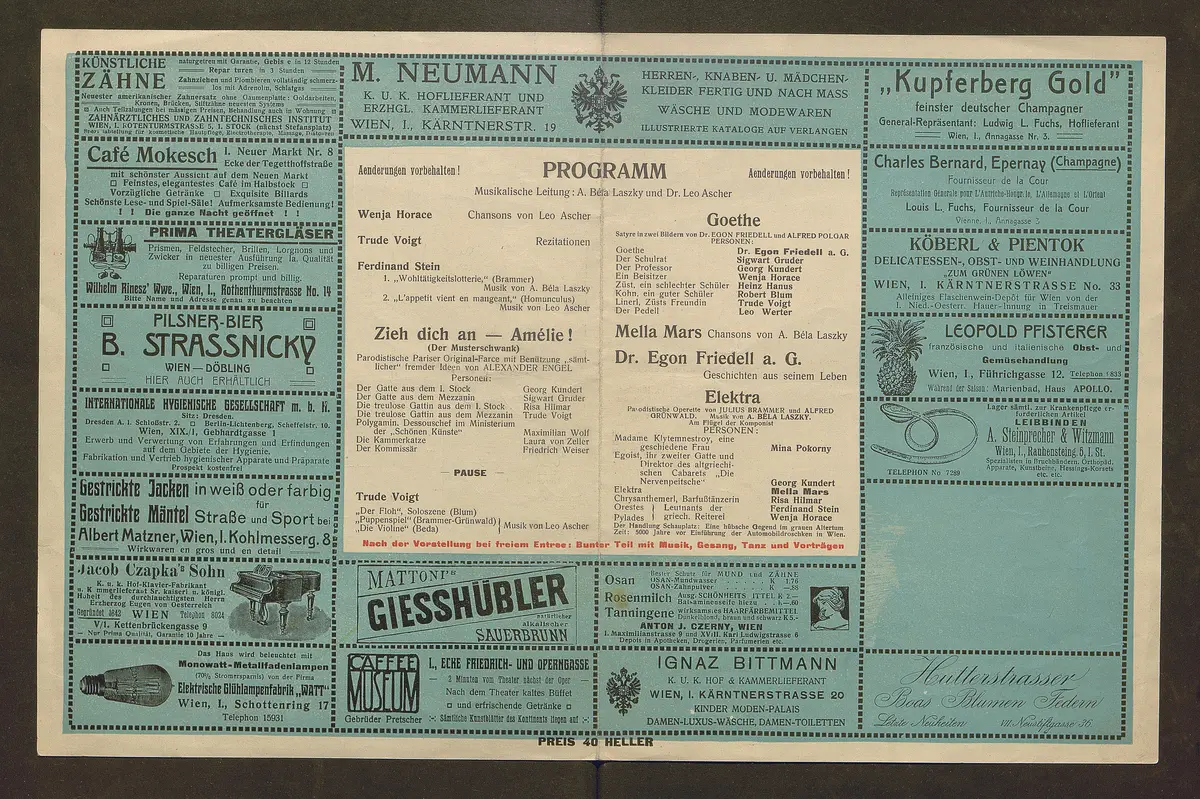 Kabarett Fledermaus, Titel in Vorlageform: Fledermaus Theater und Cabaret, Verweis auf Stücktitel: Zieh dich an - Amélie!, Verweis auf Stücktitel: Goethe, Verweis auf Stücktitel: Elektra