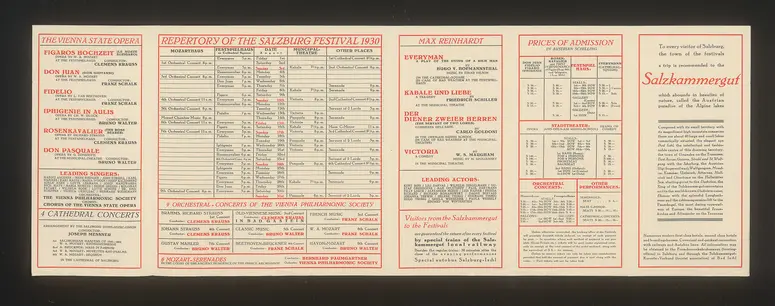Salzburger Festspiele 1930, Titel in Vorlageform: Salzburg Festivals 1930, Verweis auf Stücktitel: Figaros Hochzeit, Verweis auf Stücktitel: Don Juan, Verweis auf Stücktitel: Fidelio, Verweis auf Stücktitel: Der Rosenkavalier, Verweis auf Stücktitel: Don Pasquale, Verweis auf Stücktitel: Jedermann, Verweis auf Stücktitel: Kabale und Liebe, Verweis auf Stücktitel: Der Diener zweier Herren, Verweis auf Stücktitel: Viktoria