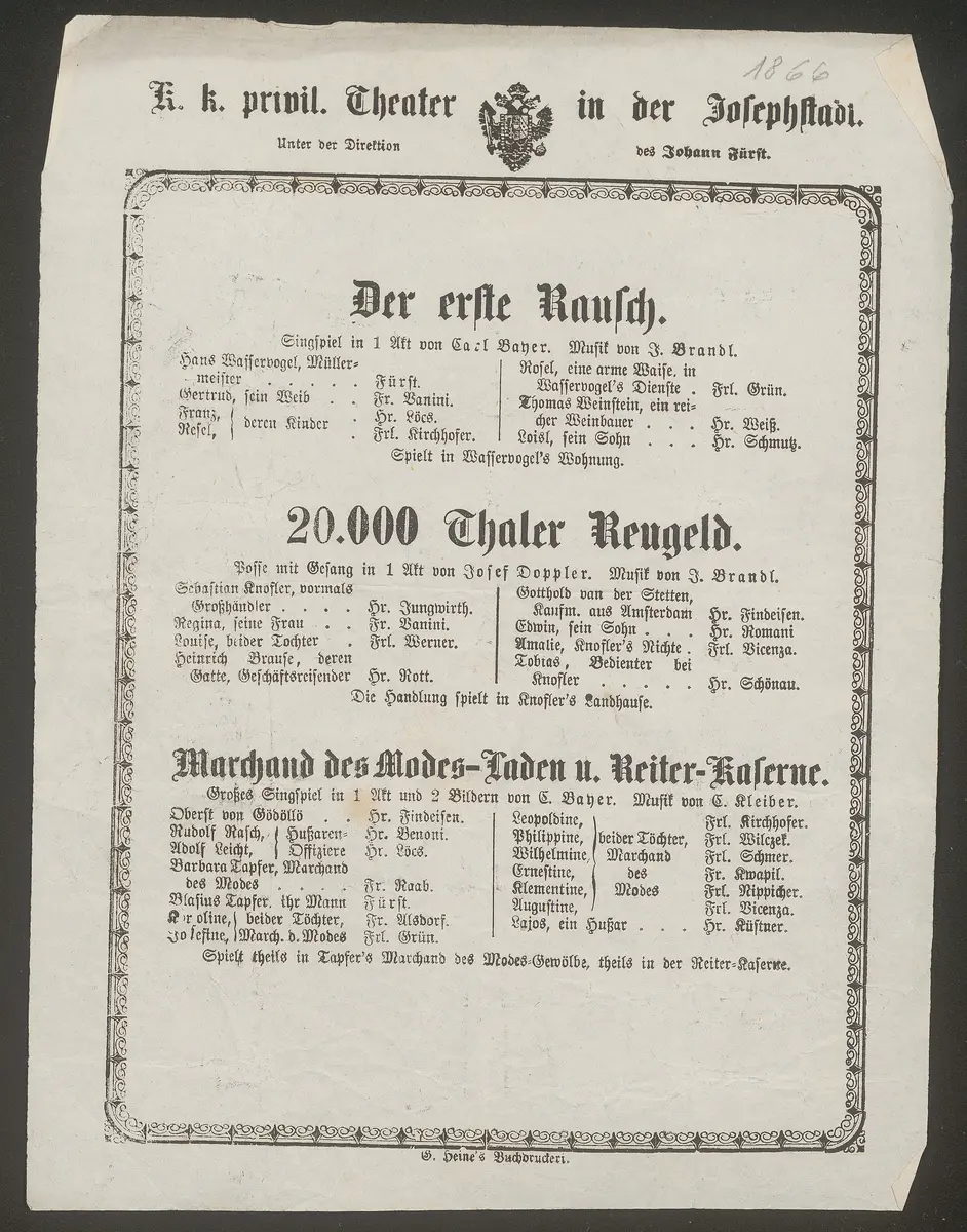 Der erste Rausch, Zwanzigtausend Thaler Reugeld, Marchand des Modes-Laden und Reiter-Kaserne