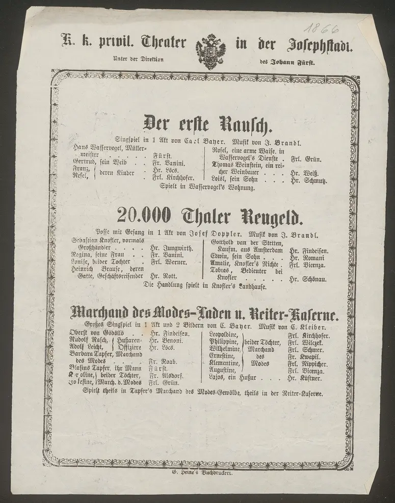 Der erste Rausch, Zwanzigtausend Thaler Reugeld, Marchand des Modes-Laden und Reiter-Kaserne