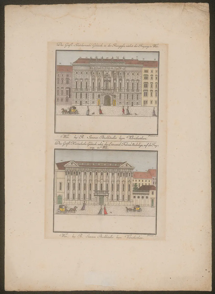 Wien (allgemein), Palais Schönborn und Palais Harrach, Titel in Vorlageform: Das Gräfl. Schönbornsche Gebäude, in der Renngasse nächst der Freyung, in Wien. / Das Gräfl. Harrachsche Gebäude, nebst der Leinwand-Fabrik-Niederlage, auf der Freyung, in Wien.