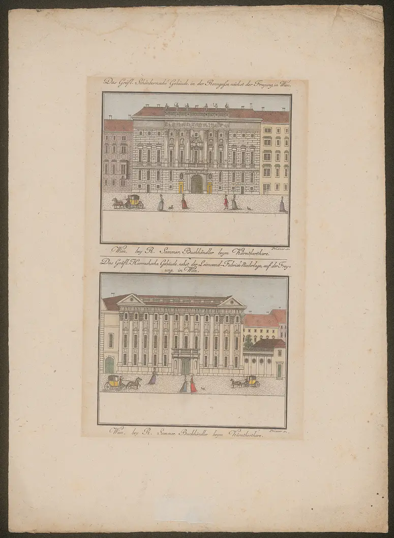 Wien (allgemein), Palais Schönborn und Palais Harrach, Titel in Vorlageform: Das Gräfl. Schönbornsche Gebäude, in der Renngasse nächst der Freyung, in Wien. / Das Gräfl. Harrachsche Gebäude, nebst der Leinwand-Fabrik-Niederlage, auf der Freyung, in Wien.