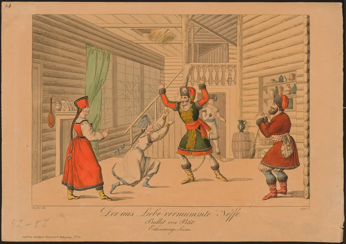 Der aus Liebe vermummte Neffe, Titel der Serie: Gallerie drolliger Scenen, Name der Zeitschrift: Wiener Theaterzeitung