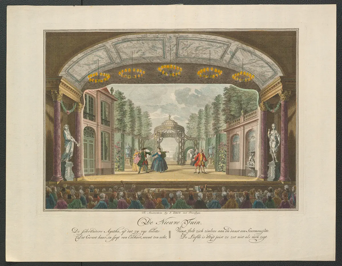 ohne Titel, Titel in Vorlageform: De Nieuwe Tuin (Der neue Garten), Titel der Serie: Toneeldecors van de Amsterdamse Schouwburg (Theaterdekorationen der Amsterdamer Schauburg), Verweis auf Stücktitel: De geveinsde zotheid door liefde (Die aus Liebe vorgetäuschte Dummheit)